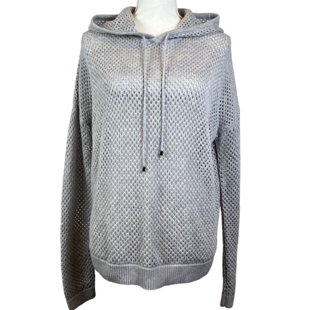 One Grey‎ Day Open Weave Sweater Hoodie Gray Drawstring All Season Size Small
